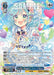 A brightly colored trading card from the Countdown Collection features an anime-style character with teal hair and big, shining blue eyes wearing a sailor outfit. The background is a vibrant mix of blue and pink hues with sparkles. The Bushiroad card has detailed text and stats, showcasing "Totally Boppin'! Hina Hikawa (BD/WE42-E102BDR BDR) [BanG Dream! Girls Band Party! Countdown Collection]" at the bottom.