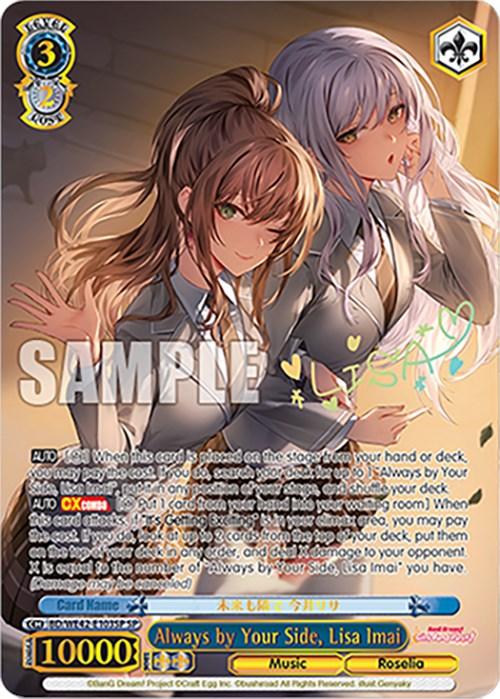 A Special Rare trading card from Bushiroad featuring two anime-style female characters in school uniforms. One has long, wavy brown hair and the other has straight, long silver hair. Both are smiling gently. The card text and stats occupy the bottom half, with a 10000 power rating and other game details. This specific product is Always by Your Side, Lisa Imai (BD/WE42-E103SP SP) [BanG Dream! Girls Band Party! Countdown Collection].