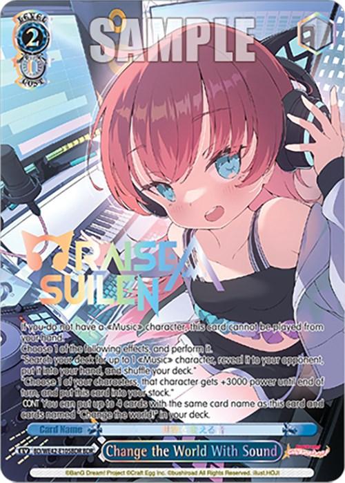 A card from the Bushiroad "BanG Dream! Girls Band Party Countdown Collection" featuring a music character with short reddish-brown hair wearing a headset. She stands before a DJ turntable, microphone, and laptop. The card title is "Change the World With Sound (BD/WE42-E105BDR BDR) [BanG Dream! Girls Band Party! Countdown Collection]" and it sports bright, colorful graphics of musical symbols.