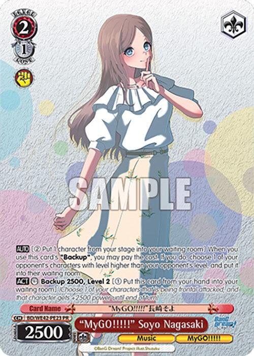 A "MyGO!!!!!" Soyo Nagasaki (BD/WE42-PE23 PR) [BanG Dream! Girls Band Party! Countdown Collection] trading card featuring the character Soyo Nagasaki from "MyGO!!!!!" by Bushiroad. Soyo, a part of BanG Dream! Girls Band Party!, has long light brown hair, blue eyes, and is wearing a white blouse and blue skirt. The Promo Card shows her in an animated style with various game attributes and text details.