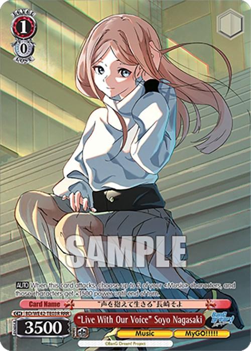 The Bushiroad "Live With Our Voice" Soyo Nagasaki (BD/WE42-TE03R RRR) [BanG Dream! Girls Band Party! Countdown Collection] trading card features an illustration of a young woman with long hair, wearing a white turtleneck and a beige skirt. She holds a microphone in her left hand and is smiling. The vibrant background has musical notes, and the Triple Rare Countdown Collection card lists stats for Soyo Nagasaki.