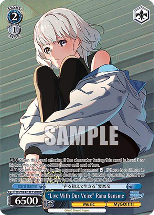 A trading card from Bushiroad's BanG Dream! Girls Band Party! Countdown Collection features an anime-style character, Rana Kaname, with short white hair, sitting with knees up and arms wrapped around them. The character has a contemplative expression. Japanese text, stats (2 cost, 1 soul, 6500 power), and abilities are displayed. Triple Rare rarity enhances its allure. This specific card is "Live With Our Voice" Rana Kaname (BD/WE42-TE15R RRR).