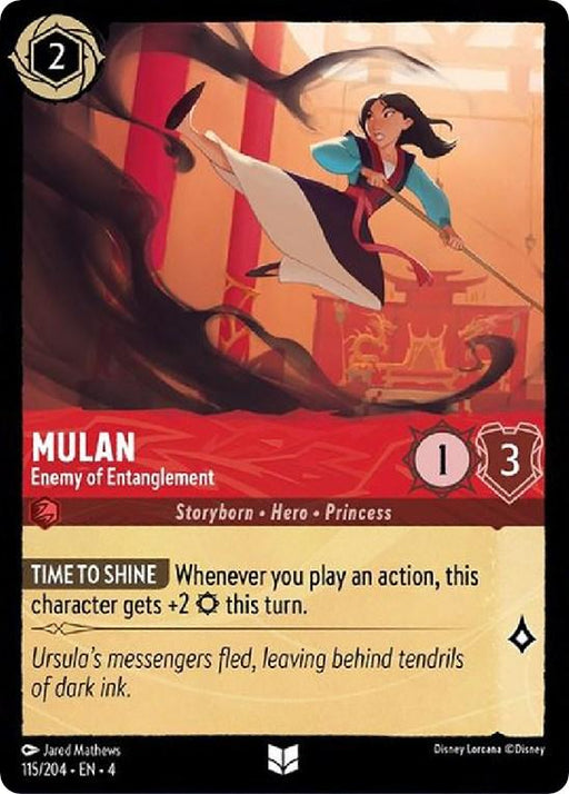 A Disney card titled "Mulan - Enemy of Entanglement (115/204) [Ursula's Return]" showcases Mulan wielding a sword mid-air, her intense expression defying Ursula's Return. She is surrounded by dark ink tendrils. The card's text details the character type, attributes, skills, and corresponding game mechanics.