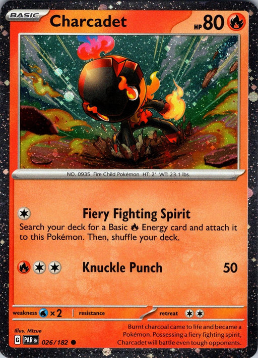 A Pokémon Charcadet (026/182) (Cosmos Holo) [Scarlet & Violet: Paradox Rift] card featuring Charcadet from the Scarlet & Violet series. Charcadet is a black, humanoid Pokémon with fiery elements, standing on a dark rocky surface with an intense Paradox Rift and flames in the background. The card shows it has 80 HP, with two moves: Fiery Fighting Spirit and Knuckle Punch.