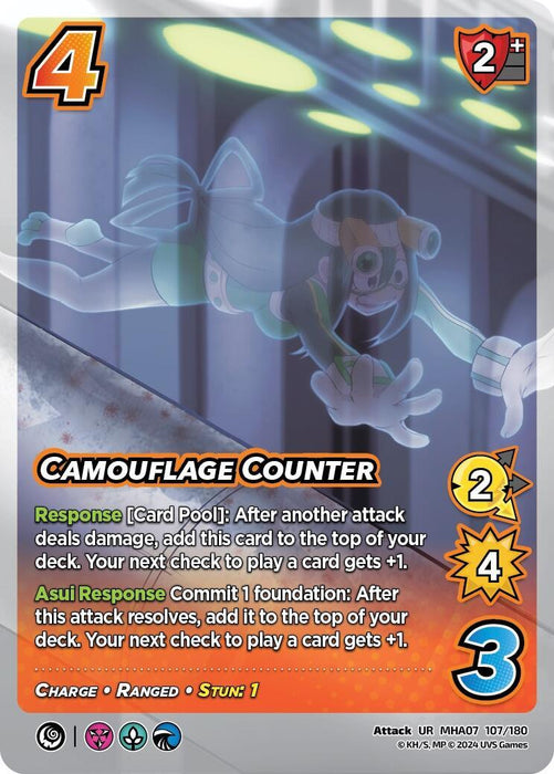 A "My Hero Academia" collectible Attack Card featuring "Camouflage Counter [Girl Power]" from UniVersus. The card shows an illustrated character with green hair and goggles in a dynamic pose. Key stats shown in orange circles include a cost of 4, attack of 4, and two response abilities. The Ultra Rare card has a shiny, holographic finish.
