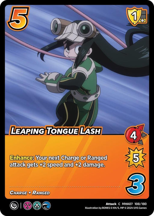 A card image featuring "Leaping Tongue Lash [Girl Power]" from UniVersus. The card displays a character in a green outfit and goggles, with a long tongue extended. It has a 5 difficulty, 1 check, 4 control, 5 attack, and 3 damage. This Ranged attack's enhance ability: "+2 speed and +2 damage.