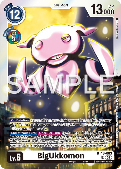 A super rare Digimon card featuring "BigUkkomon [BT16-083] [Beginning Observer]," a pink Digimon with a smiling face, bat-like wings, and blue eyes. The card is Lv. 6 with 13,000 DP and has a play cost of 12. Numerous game effects are detailed at the bottom. Labeled BT16-083 in the bottom right, SAMPLE is overlayed in large white
