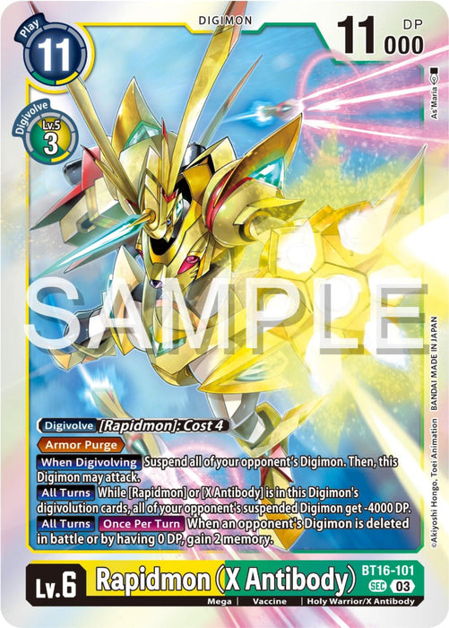 A Secret Rare Digimon trading card displaying "Rapidmon (X Antibody) [BT16-101] [Beginning Observer]" with a level of 6. The card shows a yellow, armored Holy Warrior Digimon with luminous green highlights in an action pose, surrounded by dynamic, colorful energy stances. It has a DP of 11,000 and several abilities detailed at the bottom.