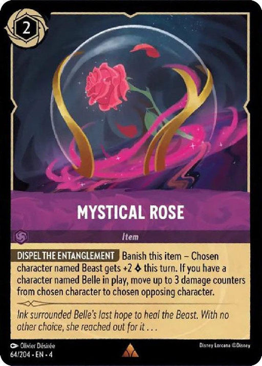 A fantasy-themed card from the game "Disney Lorcana" featuring a red rose encased in a glass dome with magical aura. At the top are icons indicating it's a two-cost item card. Details include the card's name **Mystical Rose (64/204) [Ursula's Return]** and its abilities, specifically "DISPEL THE ENTANGLEMENT." Disney would be proud.