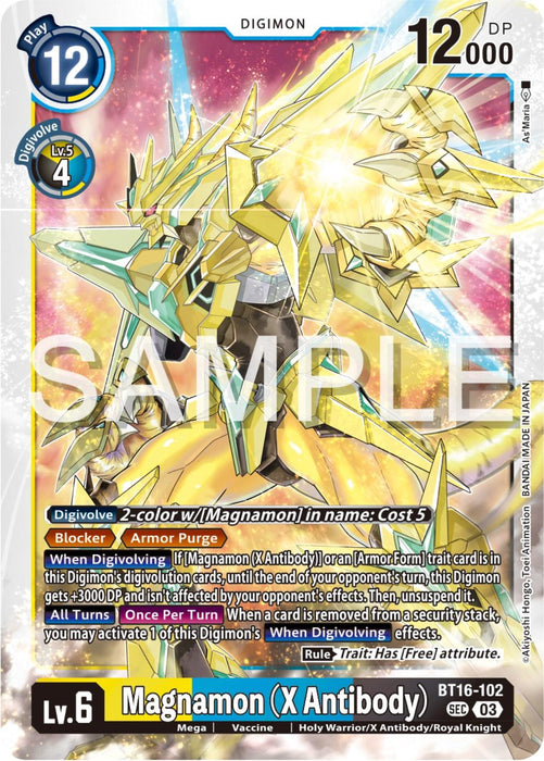A Secret Rare Digimon card titled "Magnamon (X Antibody) [BT16-102] [Beginning Observer]" by Digimon. The powerful, Holy Warrior armored Digimon with golden, spiked armor stands prominently. The card displays its level (Lv. 6), play cost (12), DP (12,000), and detailed effects and abilities in the text box. The background is a vibrant burst of color. The card has Sample printed on it