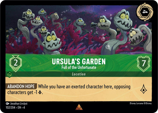 A Disney Lorcana game card titled "Ursula's Garden - Full of the Unfortunate (102/204) [Ursula's Return]" features a spooky scene with multiple purple-tinted eel-like creatures with large, glaring eyes and sharp teeth emerging from a dark, swampy background. The rare card boasts a green border and displays the text "Full of the Unfortunate," along with a power of 2 and defense of 7. The action text at the