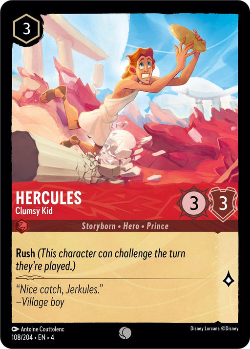 A Disney Lorcana trading card featuring Hercules, labeled "Hercules - Clumsy Kid (108/204) [Ursula's Return]." He appears panicked with a stone in hand, running through a rocky, reddish terrain. This card has a cost of 3, a power of 3, and the attribute "Rush." At the bottom is a quote: "Nice catch, Jerkules.”