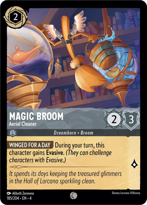 A card from Disney Lorcana featuring a "Magic Broom - Aerial Cleaner (185/204) [Ursula's Return]" with 2 attack and 3 defense. Depicted sweeping the Hall of Lorcana, holding a bucket, it possesses "Winged for a Day" and "Evasive". Flavor text: "It spends its days keeping the treasured glimmers in the Hall of Lorcana sparkling clean.