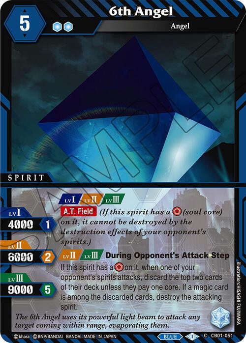 A "6th Angel (CB01-051) [Collaboration Booster 01: Halo of Awakening]" trading card from Bandai. The card features a blue geometric object against a dark background. Part of the Collaboration Booster set C-B01-051, it includes a cost of 5 and levels I, II, III with powers of 4000, 6000, and 9000 respectively. Its blue coloring signifies its Angel Spirit type with special abilities.