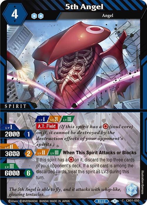 A trading card titled "5th Angel (CB01-050) [Collaboration Booster 01: Halo of Awakening]" by Bandai features a Spirit Type Angel with a large, helmet-like head and long, segmented tentacles. It is rated level 4 with a cost of 4. The card includes text on abilities: A.T. Field, attacking/blocking effects, and a spirit level description. The cosmic background has a blue hue.