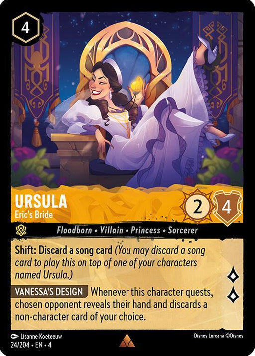 A Disney card named "Ursula - Eric's Bride (24/204) [Ursula's Return]." Shown is Ursula in human form, wearing a purple dress and sitting on a lavish chair. The rare card has a cost of 4 ink droplets, 2 attack, and 4 defense. It features the abilities "Shift" and "Vanessa’s Design," under the categories Floodborn, Villain.