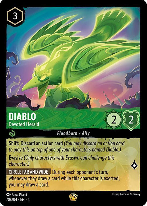 A trading card from the Disney Lorcana game featuring Diablo - Devoted Herald (70/204) [Ursula's Return]. The card depicts a green, menacing bird with glowing eyes and outspread wings. This legendary bird has attributes of 2/2 in strength and willpower, an ability called "Shift," an 'Evasive' trait, a cost of 3, and lore points.