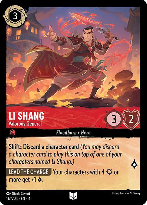 A trading card featuring Li Shang, identified as Li Shang - Valorous General (112/204) [Ursula's Return] by Disney, leaps into dynamic action with a fierce expression. He holds a sword and gestures forward amidst the battlefield. The card describes his abilities and stats: cost 3, strength 3, willpower 2. Lead the Charge with unmatched valor!