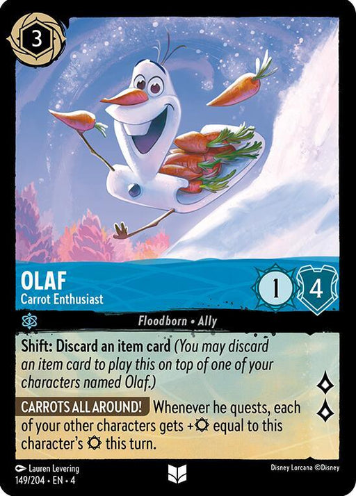A playing card featuring Olaf, a smiling snowman holding carrots. The card is titled "Olaf - Carrot Enthusiast (149/204) [Ursula's Return]" and is labeled as a "Floodborn Ally." Its shift ability involves discarding an item card, while the carrots questing ability offers unique tactics. Codes and creator are displayed prominently. This enchanting collectible comes from the beloved Disney collection.