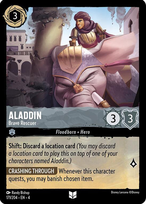 A Disney Aladdin - Brave Rescuer (171/204) [Ursula's Return] trading card featuring Aladdin, Brave Rescuer. The card depicts Aladdin in a battle-ready stance on a large, armored creature. The card has a shift ability that allows discarding a location card. Aladdin’s stats are 3/3, and the “Crashing Through” ability banishes other quests upon use, similar to Ursula's Return mechanics.
