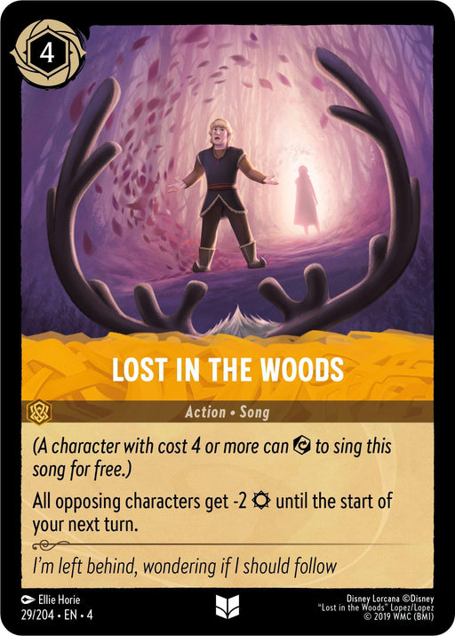 A Disney card titled "Lost in the Woods (29/204) [Ursula's Return]" showcases a character standing alone, arms spread, surrounded by large tree branches. A glowing figure stands in the background. The card, with a cost of 4, gives specific gameplay effects. Its flavor text reads, "I’m left behind, wondering if I should follow." Stay tuned for Ursula's Return on its release date!