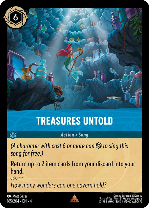 A rare fantasy-themed card titled "Treasures Untold (165/204) [Ursula's Return]." The artwork shows an underwater scene with a female character swimming among vibrant corals and treasure-filled caves. The card text describes its effect: allowing a character with a cost of 6 or more to sing this song for free and return up to 2 item cards from the discard pile to the hand. This product is part of the Disney brand.