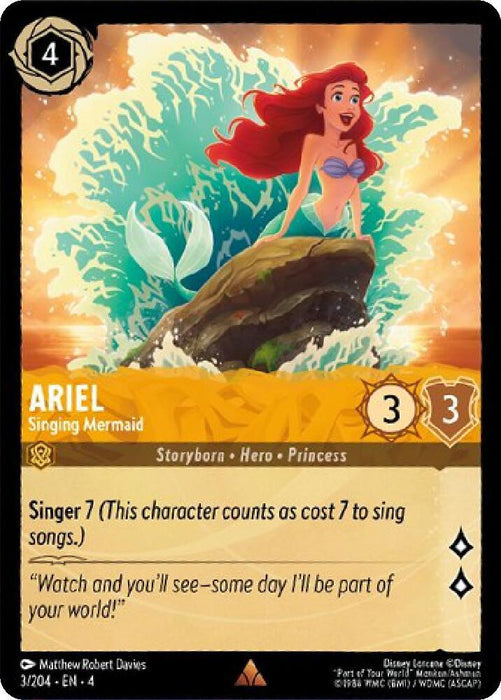 A rare trading card featuring Ariel - Singing Mermaid (3/204) [Ursula's Return] from Disney. Ariel sits on a rock with the ocean's waves splashing around her. She's in a red top with red hair flowing freely. Her stats are 3 attack and 3 defense. The card text describes her abilities and hints at Ursula's Return, along with a quote from Ariel herself.