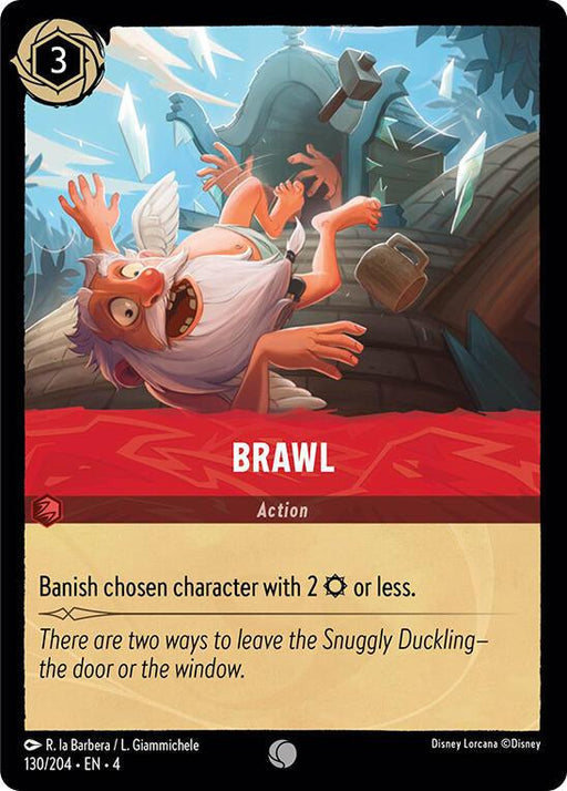 A "Disney Lorcana" card titled "Brawl (130/204) [Ursula's Return]" showcases a chaotic scene at the Snuggly Duckling. A burly man with a long white beard is being flung out of a window, wooden mugs and debris flying around. With a cost of 3 ink, it banishes a chosen character with 2 ink or less.