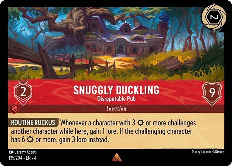 A rare Disney card named "Snuggly Duckling - Disreputable Pub (135/204) [Ursula's Return]" depicts a whimsical pub with a tree growing through it. With a strength of 2 and defense of 9, this card's ability "[Routine Ruckus]" allows characters with 3 or more symbols to gain lore. It is card number 135/204.