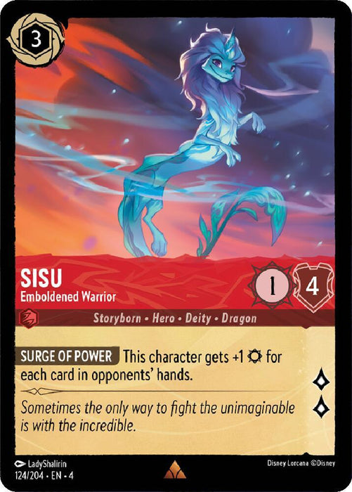 A trading card for the character Sisu, titled **"Sisu - Emboldened Warrior (124/204) [Ursula's Return]"**. The cost is 3, with a strength of 1 and willpower of 4. The card details include Storyborn, Hero, Deity, and Dragon. A special feature is "Surge of Power." The image depicts Sisu, a blue dragon. Text reads, "Sometimes the only way to fight." 
Brand: **Disney**