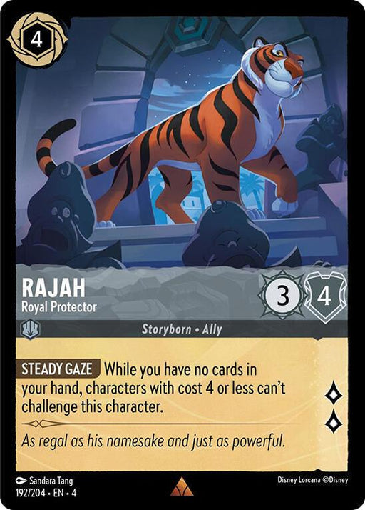 A Disney Lorcana trading card featuring Rajah - Royal Protector (192/204) [Ursula's Return]. The rare card shows an illustration of an orange tiger with black stripes standing defensively in a courtyard. Statistics are 3 attack and 4 defense. The card's special ability, "Steady Gaze," is described in a yellow textbox.