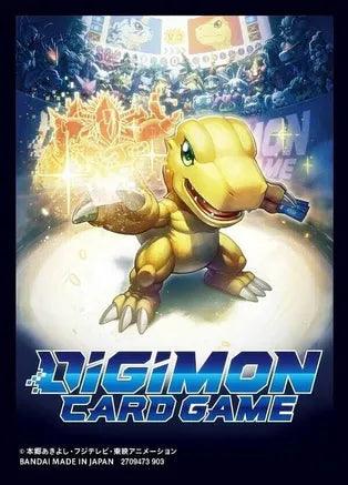 A promotional poster for the Digimon TCG: Official Card Sleeves (Digimon Card Game 3rd Anniversary Sleeves) showcases an image of Agumon, a yellow dinosaur-like Digimon, in a dynamic action pose. Below Agumon, bold stylized text reads 