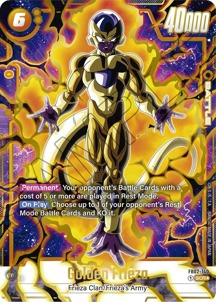 The Secret Rare card "Golden Frieza (Alternate Art) [Blazing Aura]" from Dragon Ball Super: Fusion World proudly displays Golden Frieza enveloped in a vibrant yellow and purple aura. It comes with stats of an energy cost of 6 and a power level of 40,000, alongside abilities that impact opponent's Battle Cards in Rest Mode.