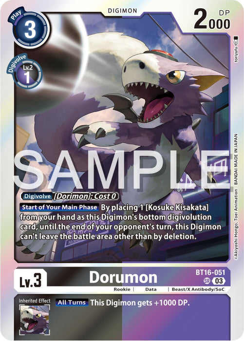 A Digimon trading card featuring Dorumon, a purple-furred digimon with white clawed paws and a tail resembling a lion's. The Super Rare card, labeled "Dorumon [BT16-051] [Beginning Observer]," displays various game elements including its Digivolve requirement, level, DP, and special abilities. The card is marked "SAMPLE.