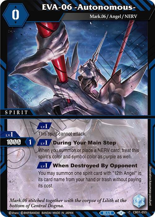 A trading card from Bandai's Collaboration Booster 01: Halo of Awakening, featuring EVA-06 -Autonomous- (CB01-055) from the anime series Evangelion. The card has a blue border and displays an image of EVA-06 in a combat stance, wielding a lance with a dramatic, cloudy background. It includes various game stats and abilities, such as "Lvl 1: This Spirit cannot attack.