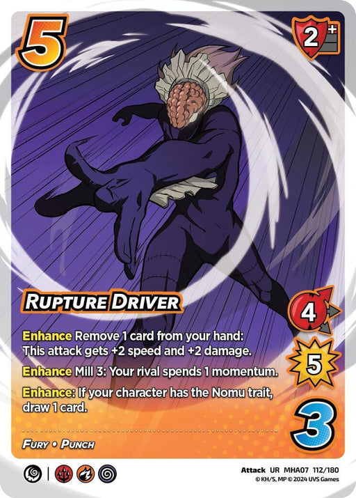 A trading card featuring a character with an exposed brain attacking with an outstretched arm. The ultra rare card is named "Rupture Driver [Girl Power]" and has a 5 difficulty, 2 check, 4 high attack, and 3 block modifier. It showcases various text describing its effects and abilities, including enhancing and drawing cards from the UniVersus brand.