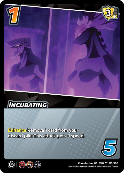 A game card titled "Incubating [Girl Power]," an uncommon foundation, features two shadowy, muscular figures in an incubator, one facing forward and the other turned sideways. The card has values of 1 difficulty, 3 control, and 5 block. The effect reads, "Enhance: Remove 1 card from your discard pile: This attack gets -1 speed." This is a UniVersus product.