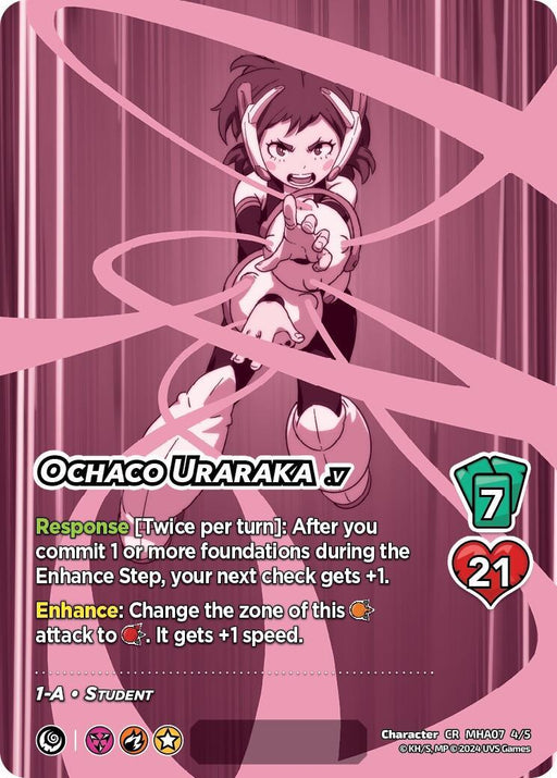 Ochaco Uraraka (Serial Numbered) [Girl Power] character card from the UniVersus set. The card features a red gradient background with diagonal lines. Ochaco, a 1-A student, is depicted mid-action with her arms extended and pink lines circling around her. Stats: 7 Hand Size, 21 Health, special abilities, and enhanced skills.