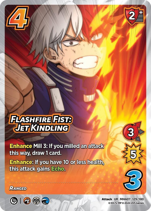 A trading card features a character with distinct white and red hair, emitting fiery flames from their left side. The ultra rare card is titled "Flashfire Fist: Jet Kindling [Girl Power]" and has various stats: 4 difficulty, 2 check, 3 damage, 5 speed, and 3 block. It includes two special enhance abilities. This card is part of the UniVersus brand.