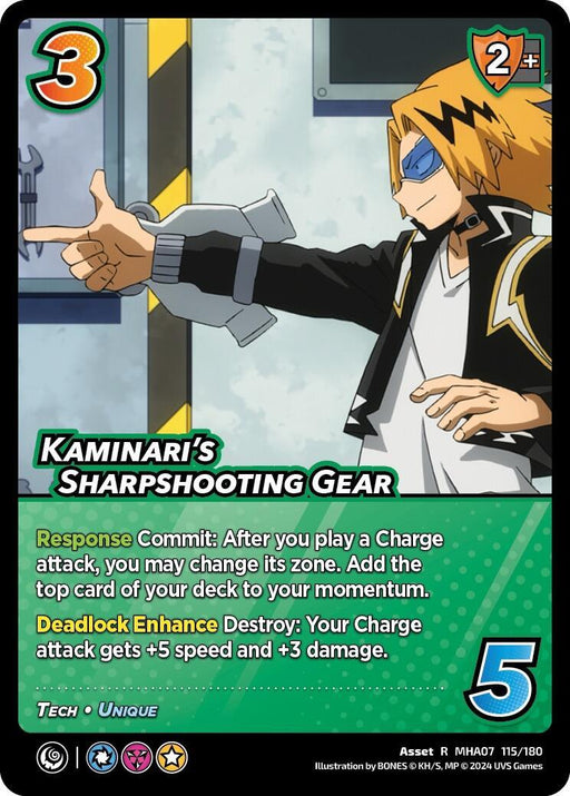 A rare My Hero Academia trading card titled "Kaminari's Sharpshooting Gear [Girl Power]" by UniVersus. It features Denki Kaminari in his hero costume, pointing forward. The card has a 3 difficulty, provides a 2+ high block, and a 5 control check value. It includes an ability to modify attack zones and add speed and damage to charge attacks.