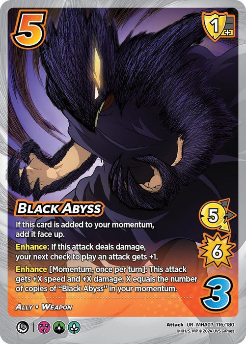 A trading card featuring the ultra rare Attack "Black Abyss [Girl Power]" from UniVersus. The card has a damage value of 6 and a speed of 5, with two Enhances offering bonuses based on copies in momentum. It depicts a fierce character in black, gripping a weapon infused with dark energy.