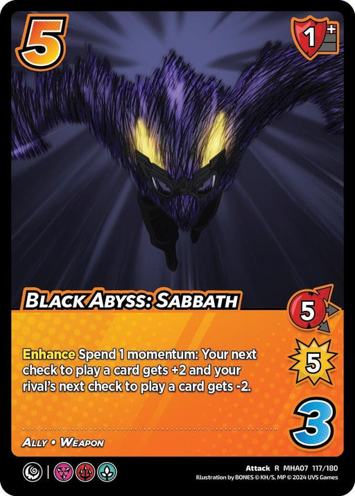 Card displaying "Black Abyss: Sabbath [Girl Power]" from a game. It depicts a rare character with dark purple spiky hair and yellow eyes moving swiftly. The card has a red frame with 5 attack, black hexagonal 5 logos, and a blue 3 shield icon. Text: "Enhance Spend 1 momentum: Your next check to play a card gets +2 and your rival's."

