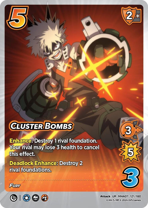 Image of a UniVersus collectible card featuring Bakugo in an attacking pose. Text "Cluster Bombs [Girl Power]" at the bottom with abilities: "Enhance: Destroy 1 rival foundation. Your rival may lose 3 health to cancel this effect." This ultra rare card has power stats: 3 difficulty, 5 control, 3 speed.