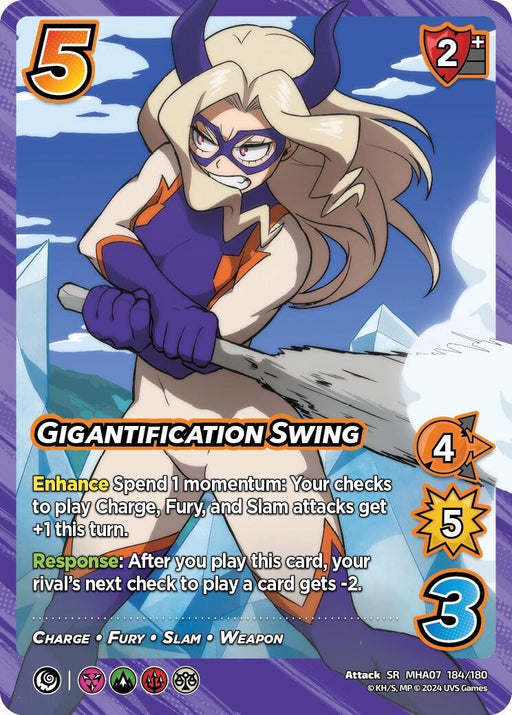 A trading card named "Gigantification Swing [Girl Power]" by UniVersus features an anime-style character with long blonde hair, glasses, and purple horns, holding a massive weapon. The card details include attack type, score values of 5, 2, 4, 5, and 3. Its abilities involve momentum and response effects with a charge of fury.