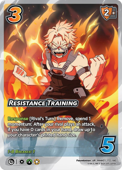 An animated character with spiky blond hair and wearing a black mask and red goggles clenches a fist energetically. The character sports a black tank top with red and white accents, boasting a menacing grin. Text below reads "Resistance Training [Girl Power]" with Ultra Rare card stats, abilities, and logos included from UniVersus.