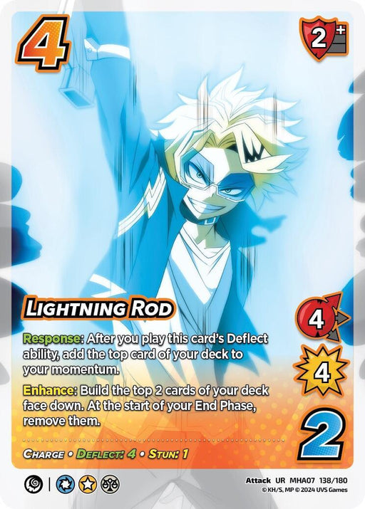 A trading card featuring a character with spiky blond hair, blue-striped mask, and blue jacket. This Ultra Rare card, titled "Lightning Rod [Girl Power]," is of the Card Type: Attack. It shows stats: 4 difficulty, 2 check, 2 damage. The character's abilities and various responses are detailed in small text boxes, including Response and Enhance abilities. This product is from the brand UniVersus.