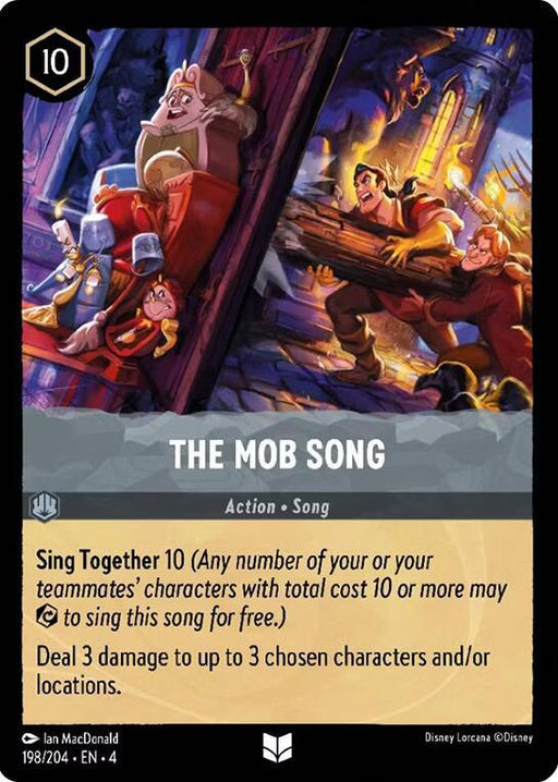 A card from Disney’s Lorcana game titled "The Mob Song (198/204) [Ursula's Return]." The artwork depicts an angry mob with torches and pitchforks marching through a dark forest. The text reads: "Sing Together 10" and "Deal 3 damage to up to 3 chosen characters and/or players." The cost is 10.