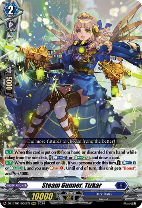 Image of a trading card titled "Steam Gunner, Tizkar (DZ-BT01/005EN) [Fated Clash]" from the game Cardfight!! Vanguard by Bushiroad. The card features a Gearoid female steampunk character wielding large guns, surrounded by gears and clockwork designs. Text at the bottom includes the card's abilities, stats (Power: 10000, Shield: 5000, Grade: 2), and other gameplay details.