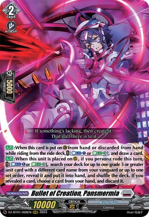 A trading card named "Bullet of Creation, Pansmermia (DZ-BT01/008EN) [Fated Clash]" from Bushiroad. It features a Cyberoid female character in pink and purple armor, wielding glowing weapons. The RRR card has attack power statistics and various abilities described in small text boxes while pink energy beams crisscross the background.