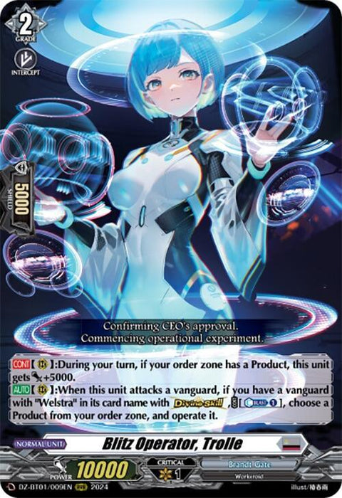 A Bushiroad trading card featuring "Blitz Operator, Trolle (DZ-BT01/009EN) [Fated Clash]." The card shows a futuristic female character with short blue hair in a high-tech suit, standing in a digital environment from Brandt Gate. The text details the character's abilities and stats, gearing up for the Fated Clash on 2024-05-03.